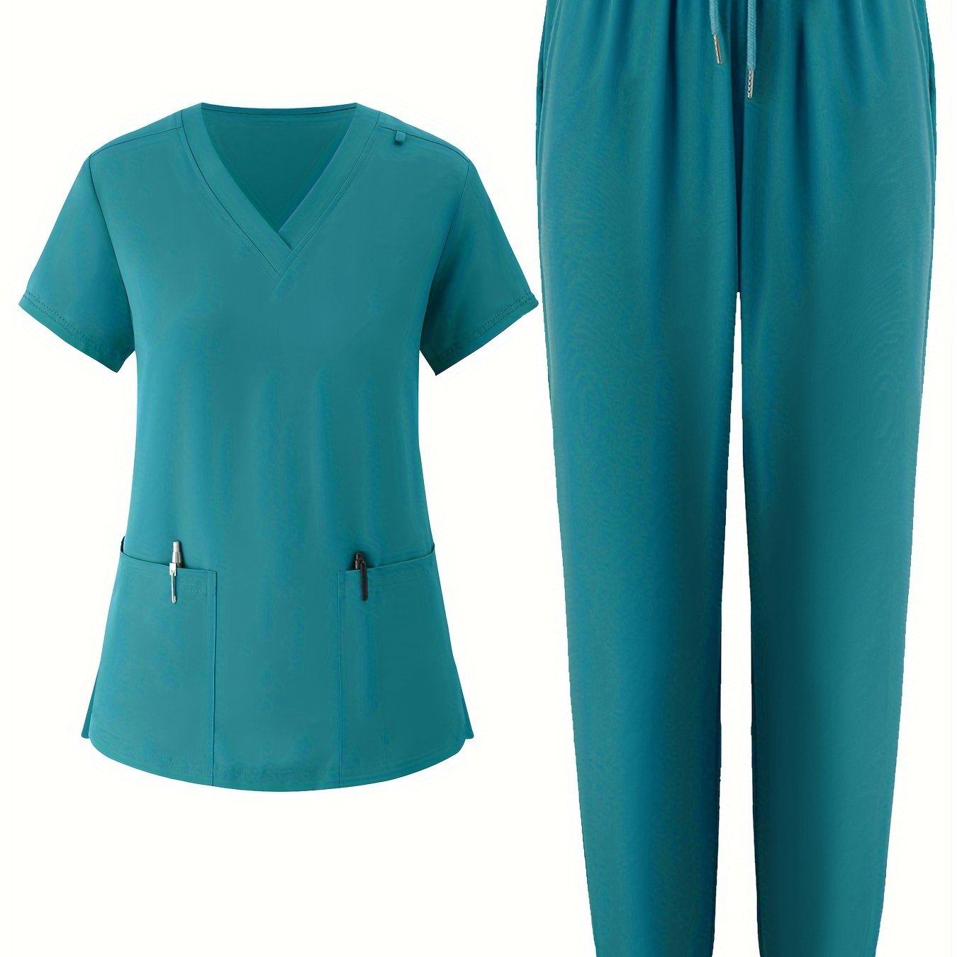 Women's V-Neck Scrub Set Solid Color Breathable Pockets All-Season Workwear