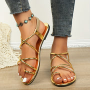 Women Summer Flat Sandals in Gold Open-Toe Lightweight Elastic Strap