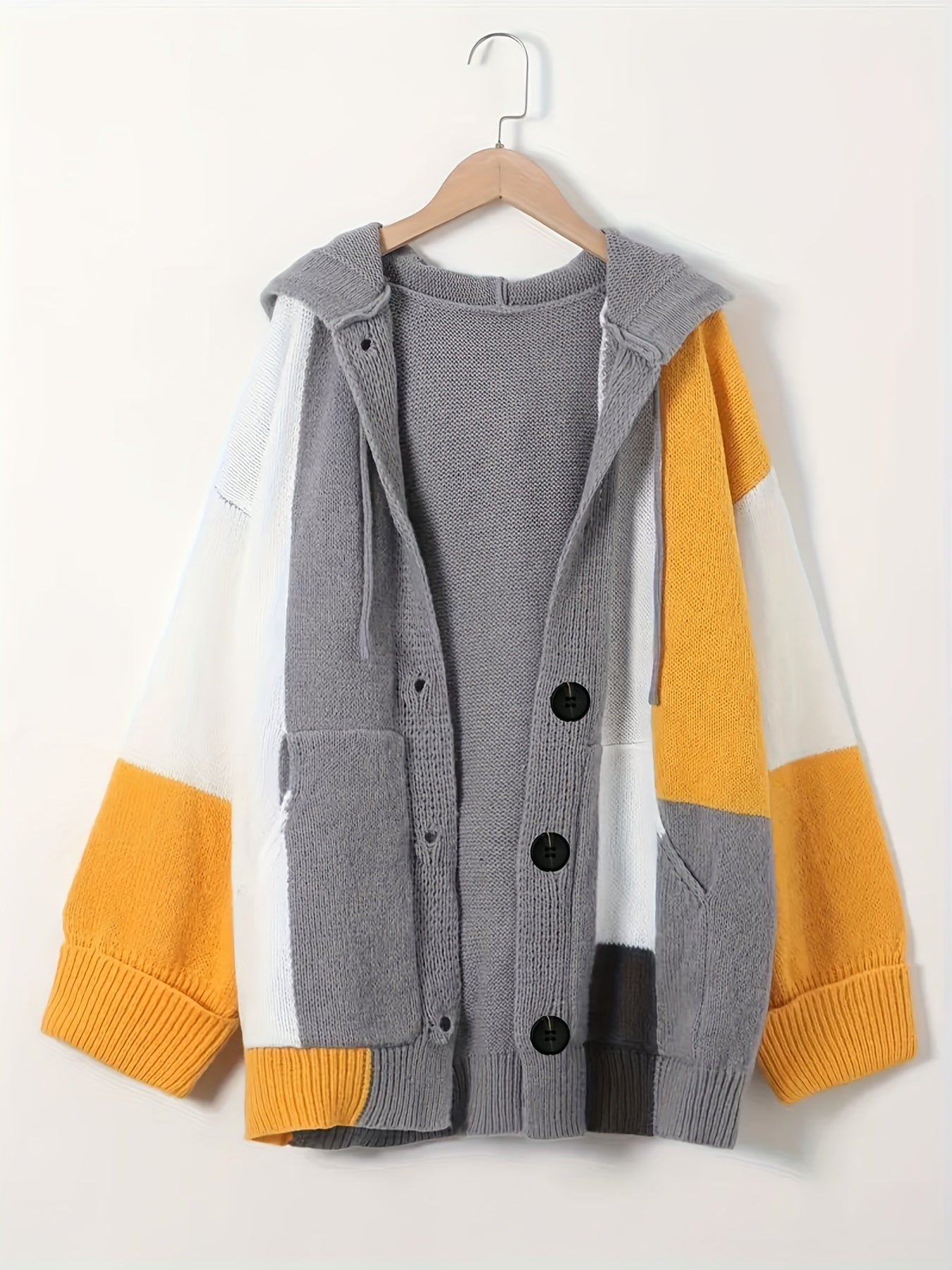 Plus Size Women's Hooded Cardigan Cozy Colorblock Knit Sweater with Pockets
