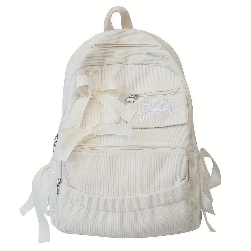 Ayollar uchun 1 dona korduroy bowknot ruksak, shirin uslub, chiziqli dizayn, sozlanadigan yelka tasmalari, noutbuk bo'limi, zip yopilishi, polyester astar, qo'l yuvish/quruq tozalash - Kundalik tasodifiy