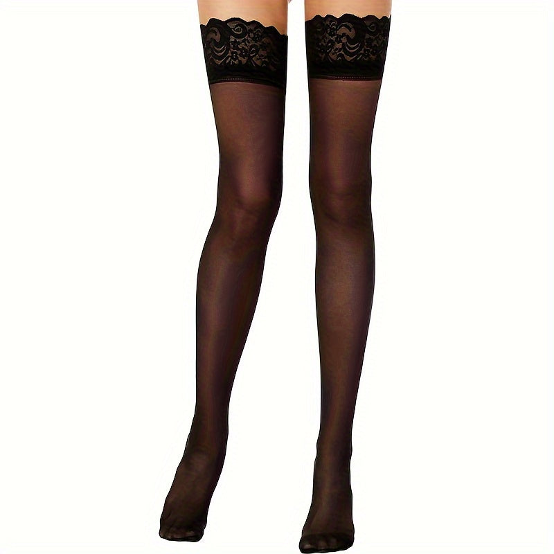 Women Sheer Lace Thigh High Stockings Over Knee Socks Solid Color