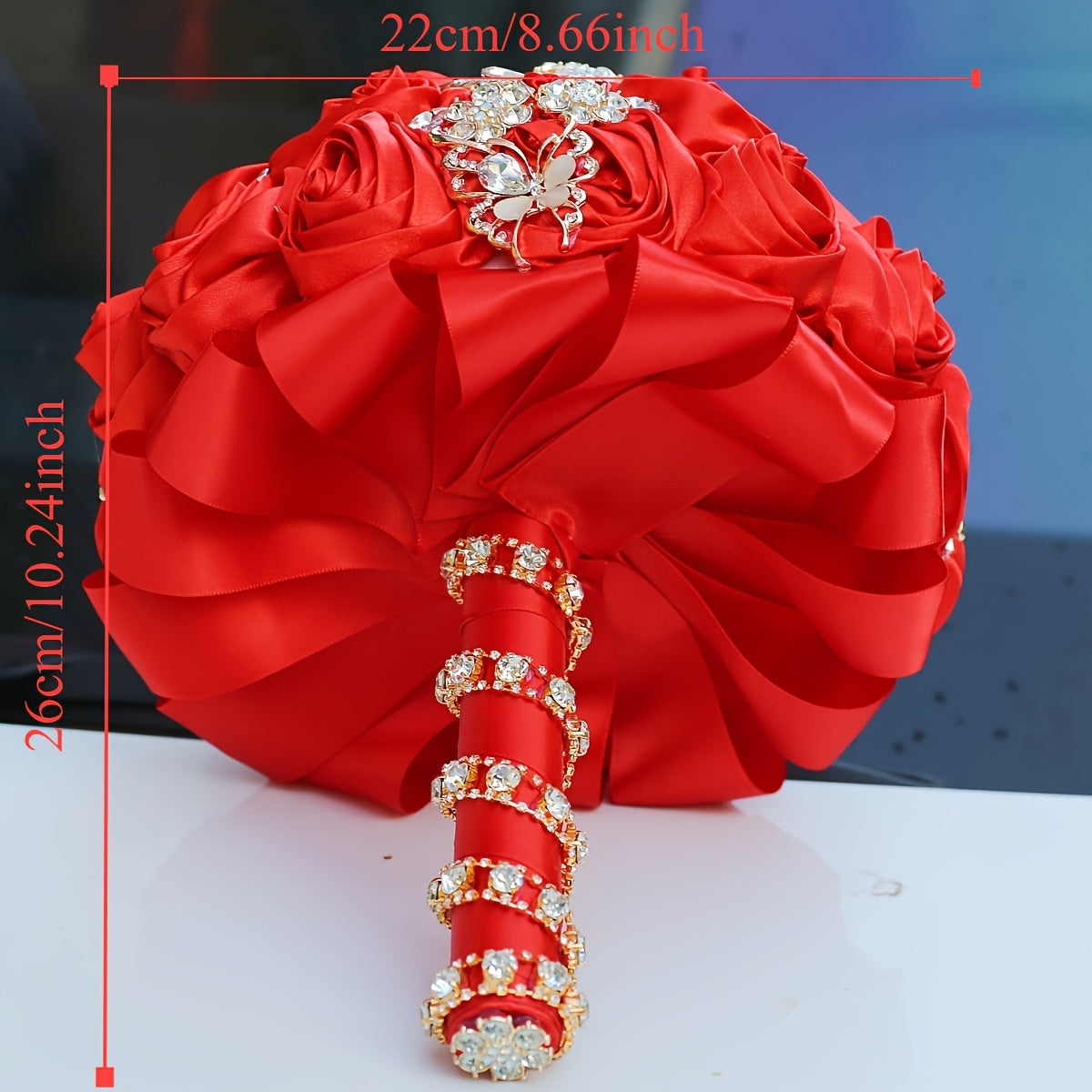 Zarif Satyn Roʻza Toʻy Güllasi, Sunʼiy Kristal Detallari va Rhinestone Lentasi bilan