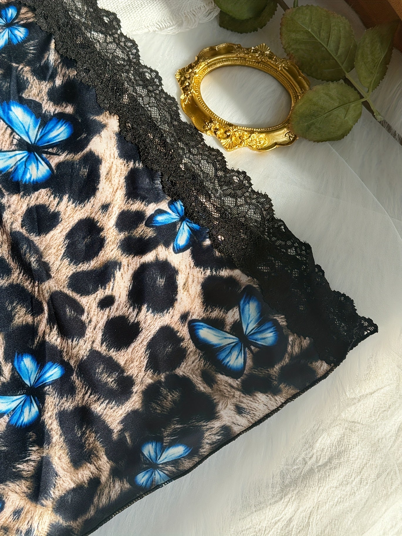 Women's Lace Leopard Butterfly Sleepwear Split Thigh Backless Nightdress