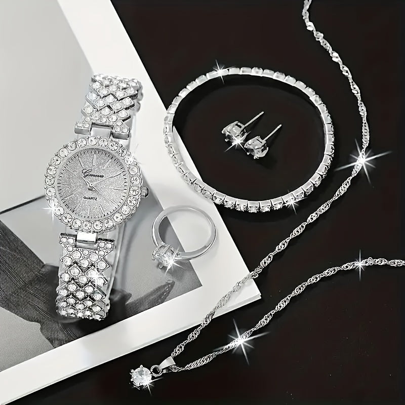 Women's Rhinestone Quartz Watch Set 6 Pieces Stylish Analog Watches with Japanese Movement