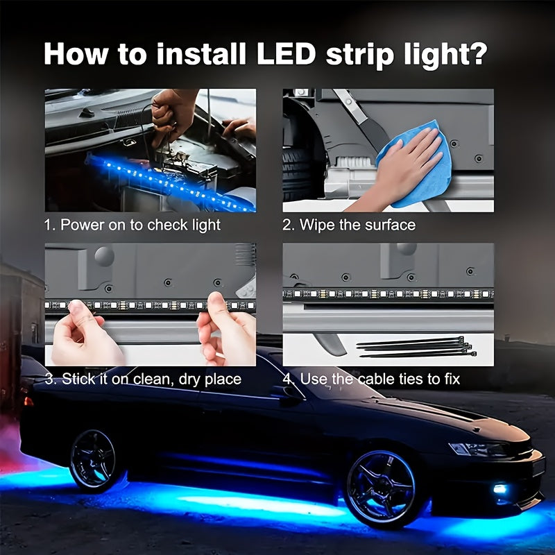 4pcs Car Under Glowing LED Strip Lights Kit App Controlled Music Sync