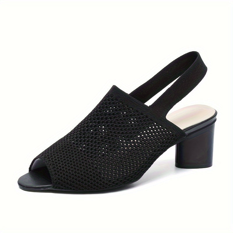 Women's Mesh Peep-Toe Chunky Heel Sandals Slip-On Elastic Ankle Strap Mid Heel