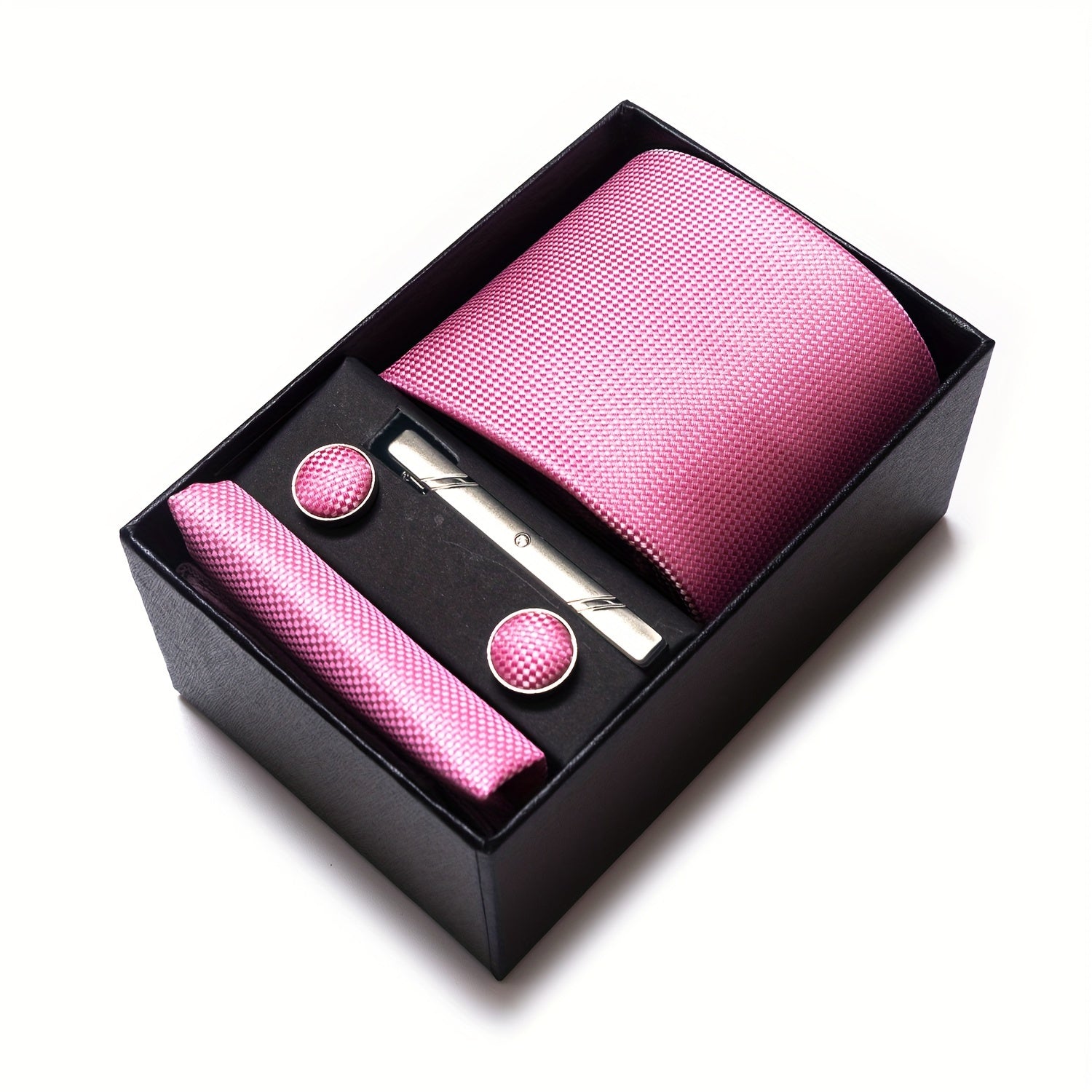 Men's Solid Color Tie Set with Square Cufflinks Gift Box for Wedding Business and Holiday