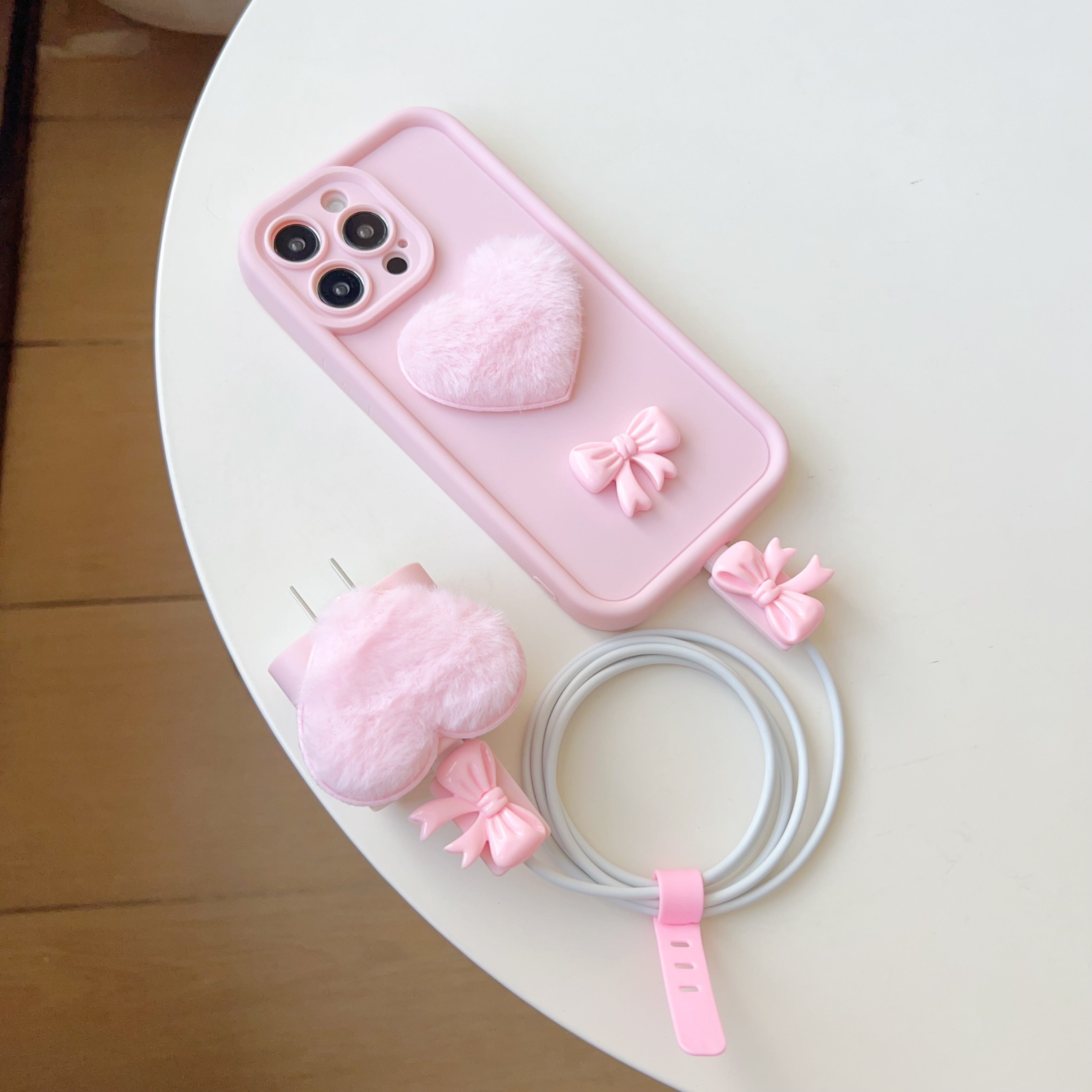 5-Piece iPhone Protection Set with Pink Butterfly Case Charger Cable Cases and Cable Tie