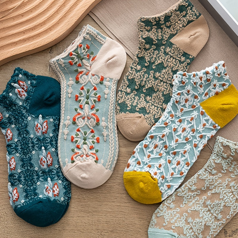 Women Short Socks 5 Pairs Vintage Court Style Japanese Flower Geometric 3D Texture