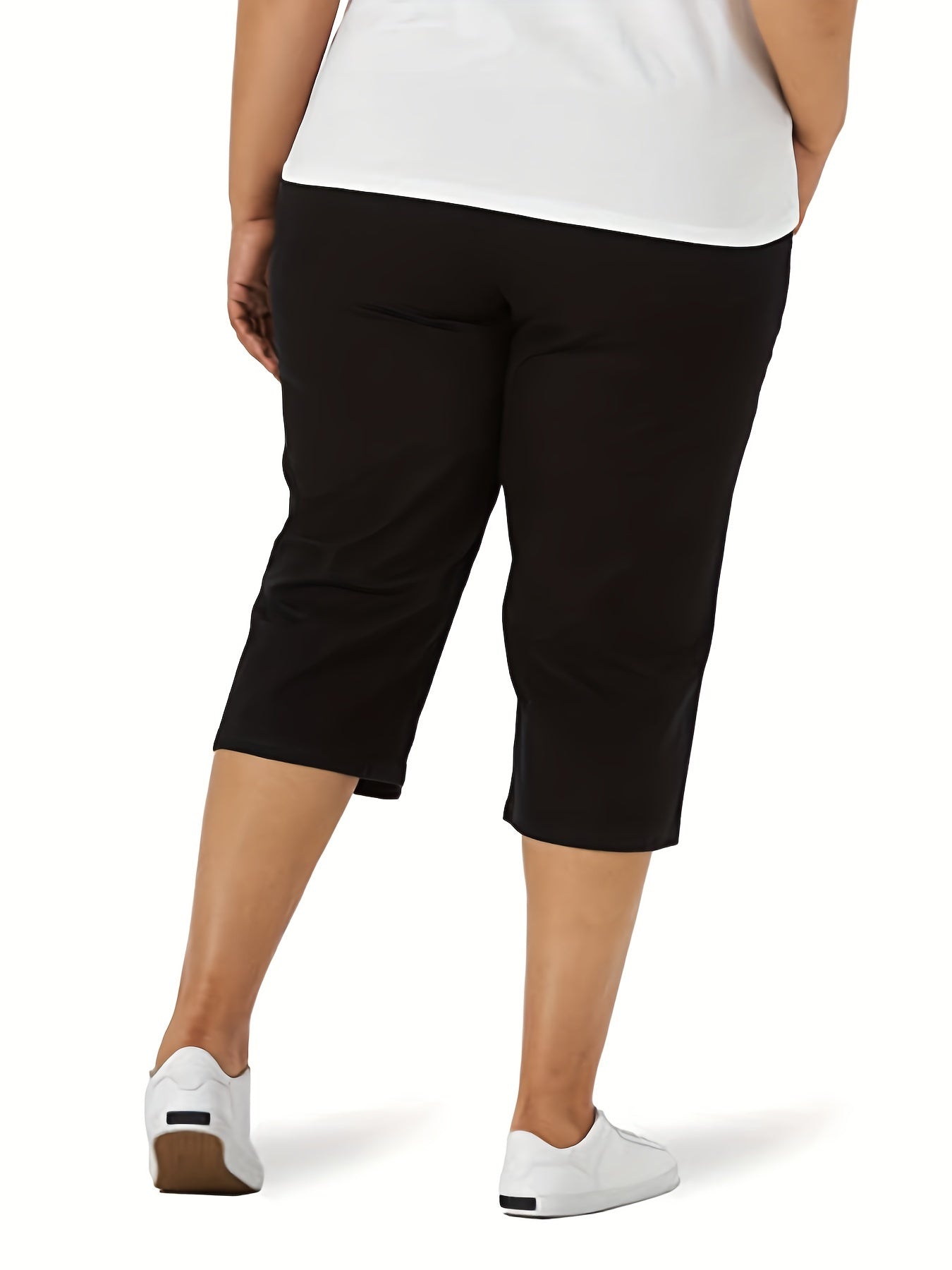 Pantalones cortos de punto de poliéster de talla grande para mujer, de alta elasticidad, sólidos, de verano, con bolsillos