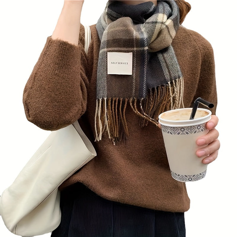 Zarif Vintage Britaniya Kletka Sharf - Qulay, Yumshoq va Moda, Ikkita Erkaklar va Ayollar uchun Tasmalar bilan, Sun'iy Kashmira Materiali, Kuz/Qish Fasllari uchun Ideal