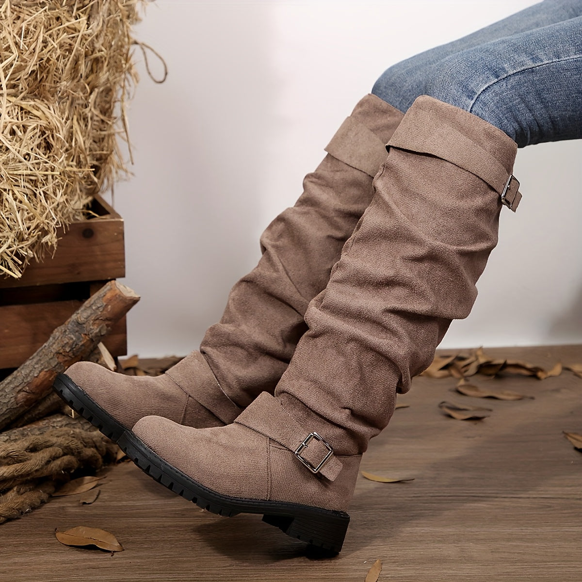 Women's Knee-High Slouch Boots Fabric Round Toe Block Heel All-Season