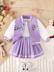 Girls Baby Girl 2-Piece Baseball Jacket and Pleated Skirt Set Fall Winter Cotton Blend