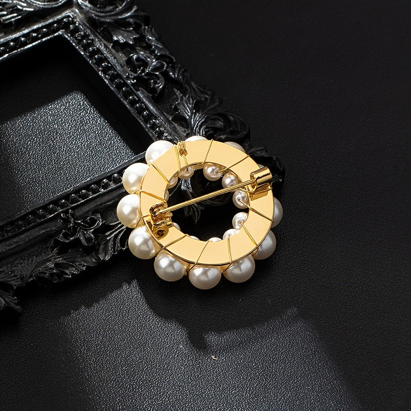 Women's Double Round Glass Pearl Brooch in 18K Gold Plating Elegant Jewelry