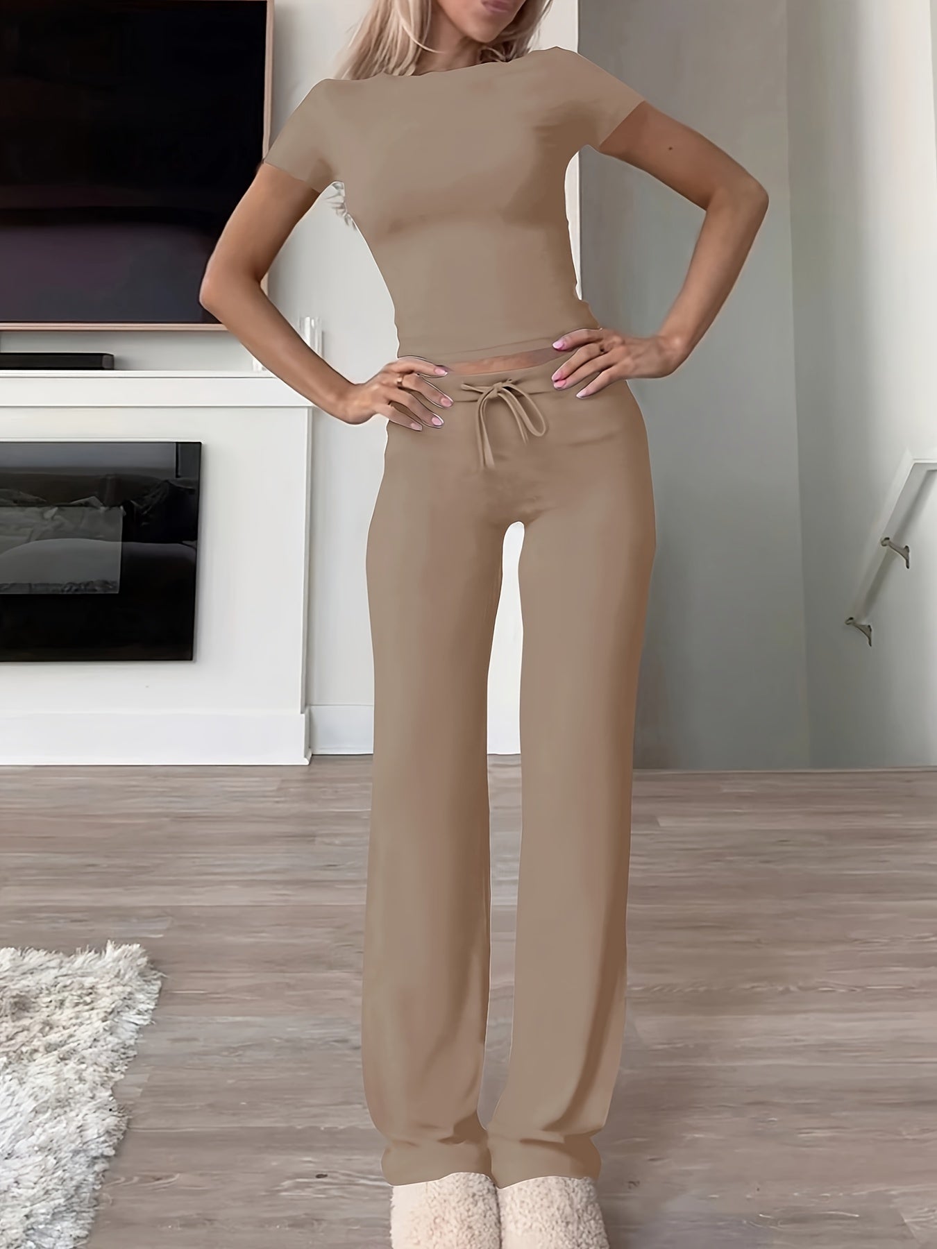 Women's Ribbed Modal Spandex Loungewear Set with Drawstring Crew Neck Solid