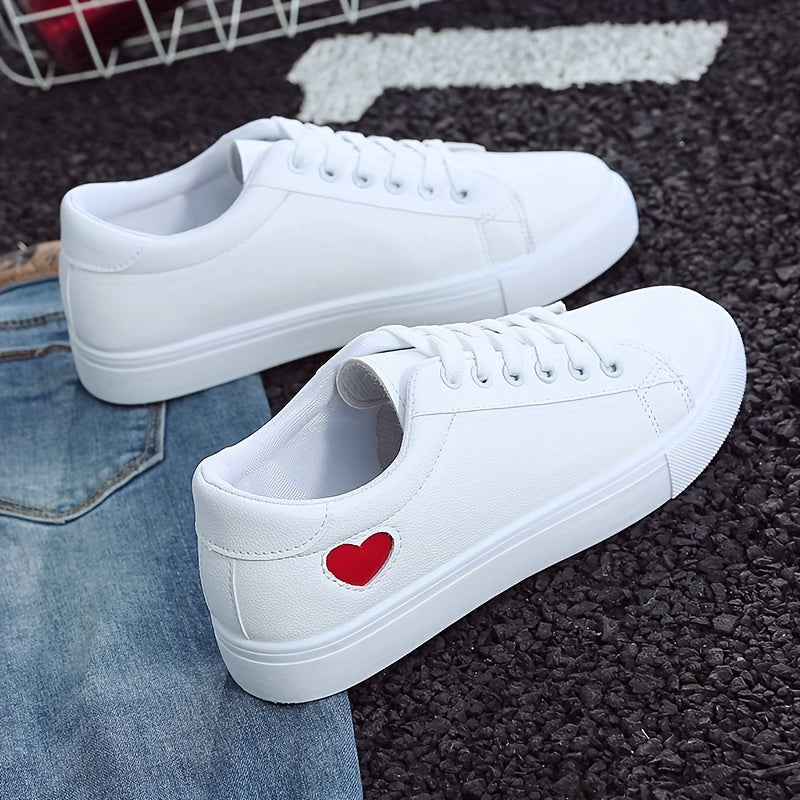 Women's Casual Sneakers with Heart-Shaped Design Lace-Up Flat White Soles