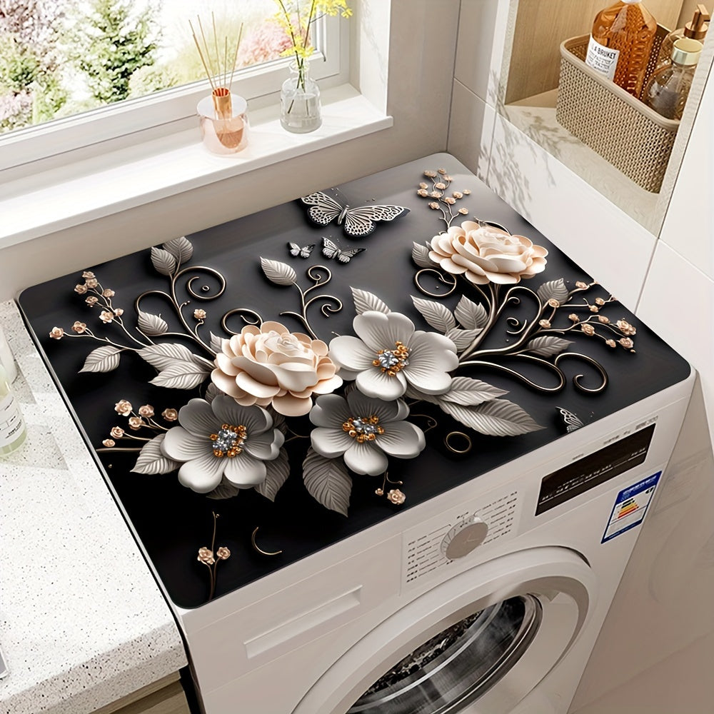Black Floral Print Washing Machine Dust Cover Mat 50x60cm Quick-Dry Polyester