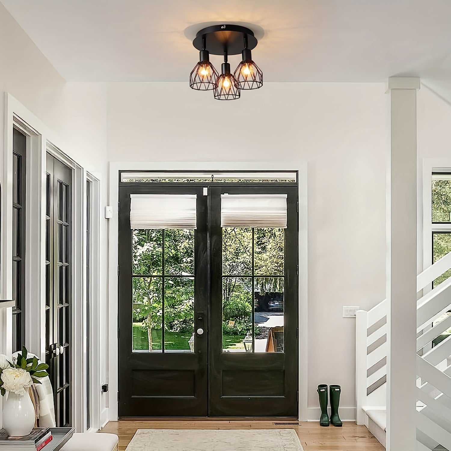 Black Metal Ceiling Light Fixture with Rotating Geometric Shades for Kitchen Dining Porch Hallway