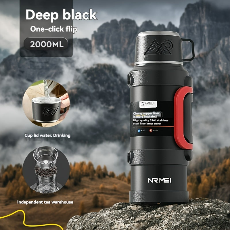 NRMEI izolyatsiyalangan zanglamas po'latdan yasalgan suv shishasi - 2000ML, Nilon tasma dizayni bilan, sayohat va ochiq havoda foydalanish uchun ideal, BPA-siz, bir marta bosish bilan ochiladigan, katta sig'imli, 14-fevral uchun mos.