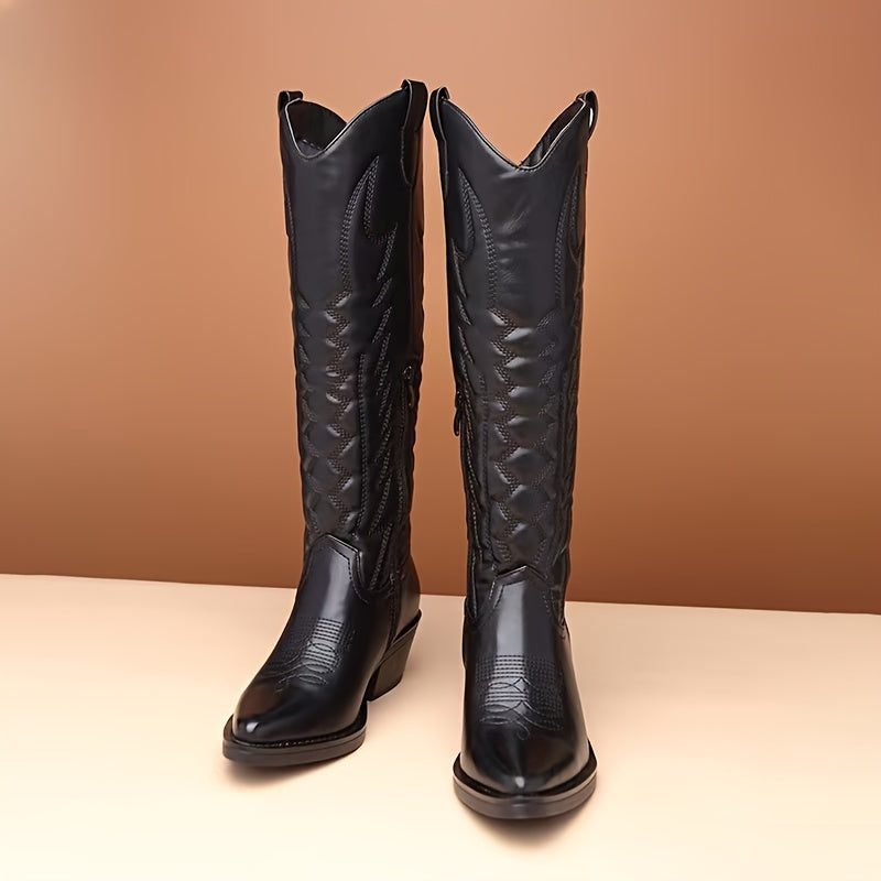 Women's Black Western Cowboy Boots Pointed Toe Chunky Heel Zipper