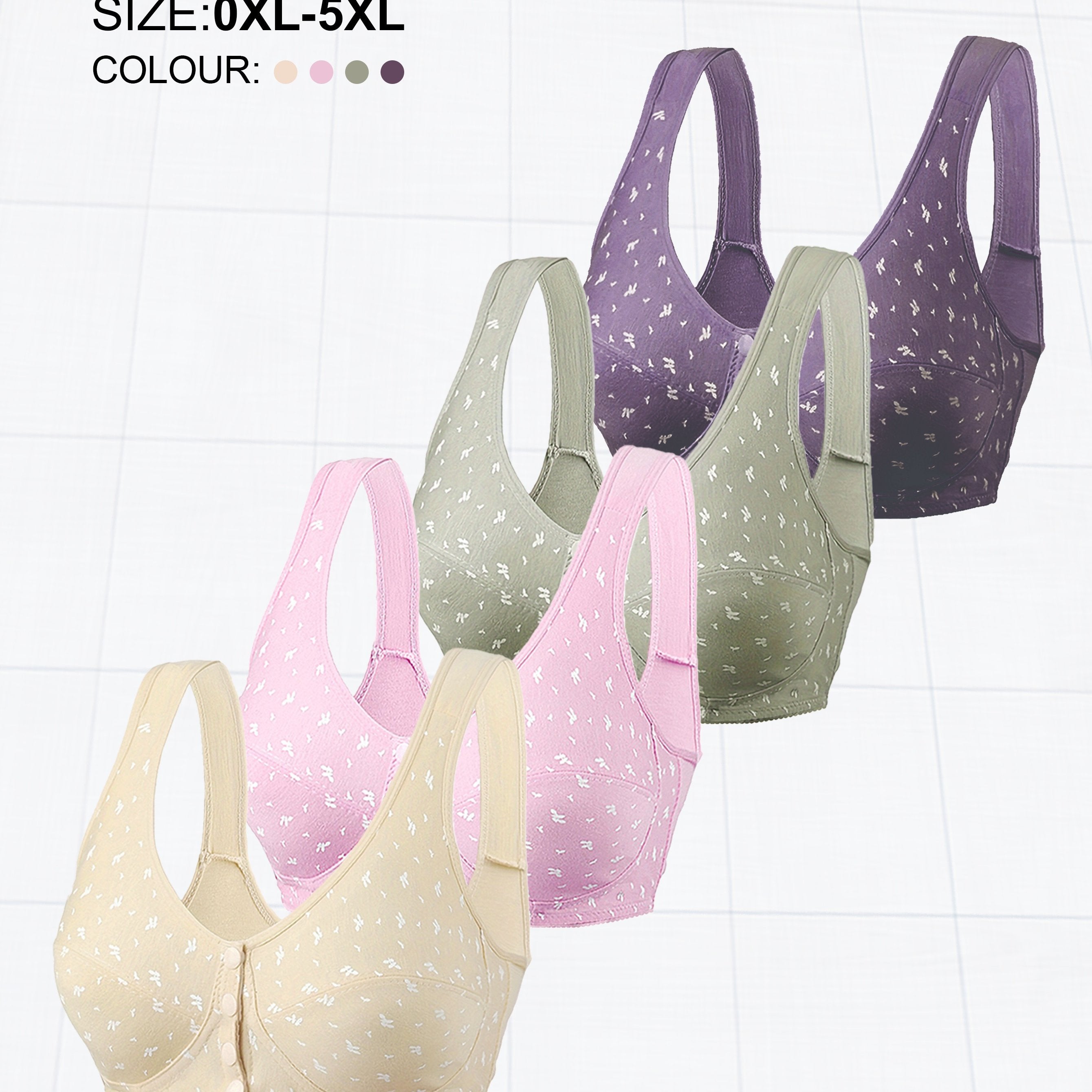 Women's Plus Size Wireless Bra Set with Buttons, Random Prints, Comfortable