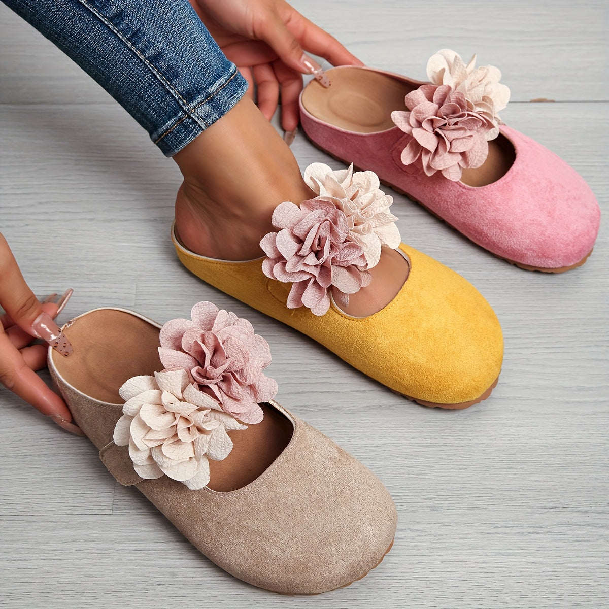 Women's Slip-On Floral Shoes Cushioned EVA Sole Pastel Pink Yellow Beige Brown