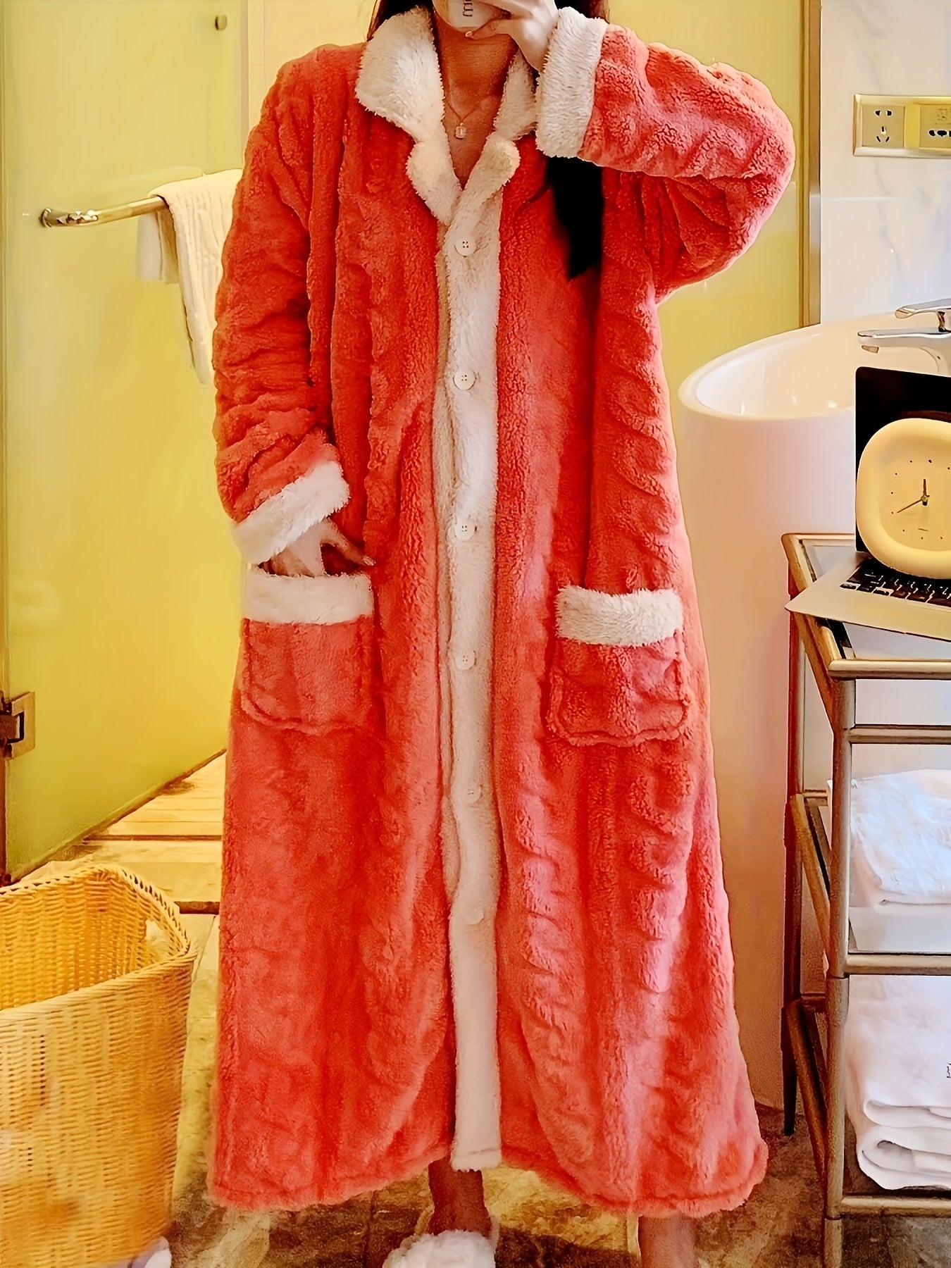 Women's Fleece-Lined V-Neck Sleep Robe with Pockets and Floral Pattern