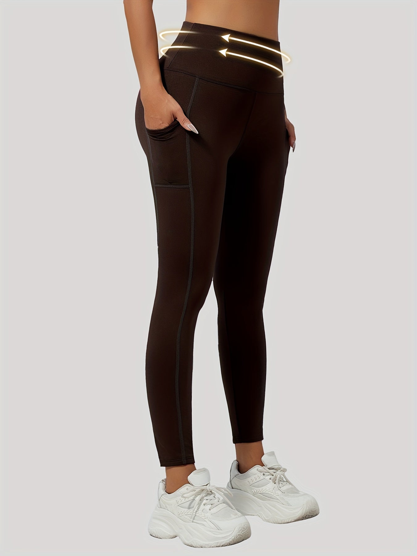 Women's Solid Color Yoga Leggings with Pocket Medium Support Polyester Knit Fabric