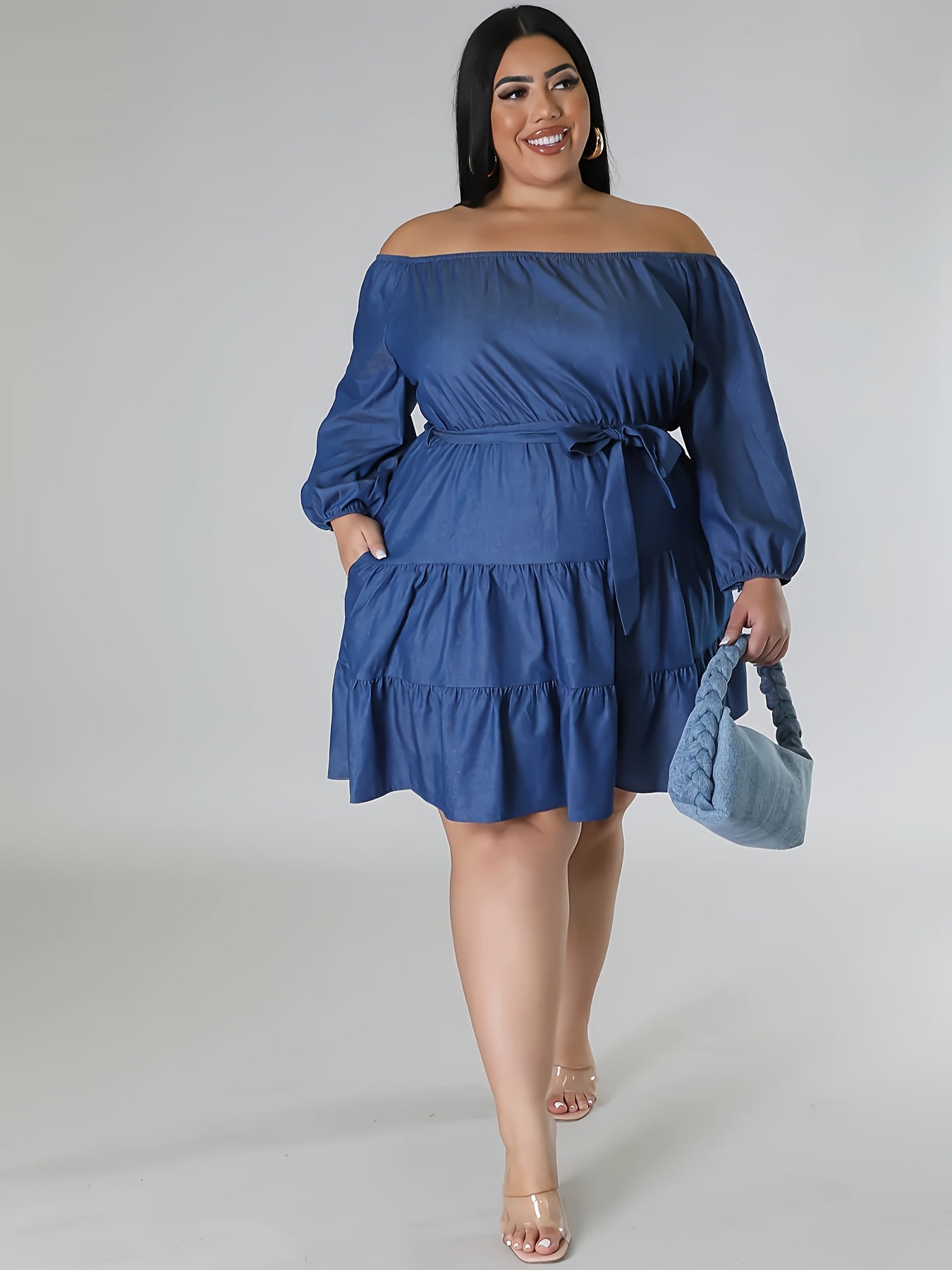 Plus Size Women's Denim Off-Shoulder Tiered Dress Casual Formal All-Season