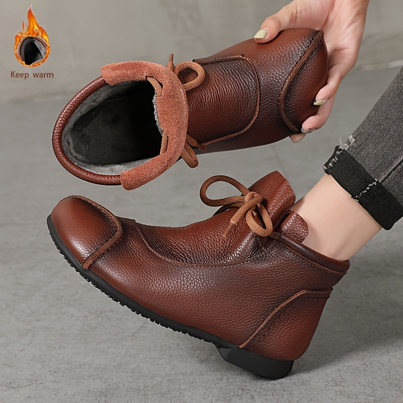 Botines de tobillo para mujer negro, marrón y burdeos de cuero de vaca, forro de felpa acogedora, casuales, planos, con slip-on