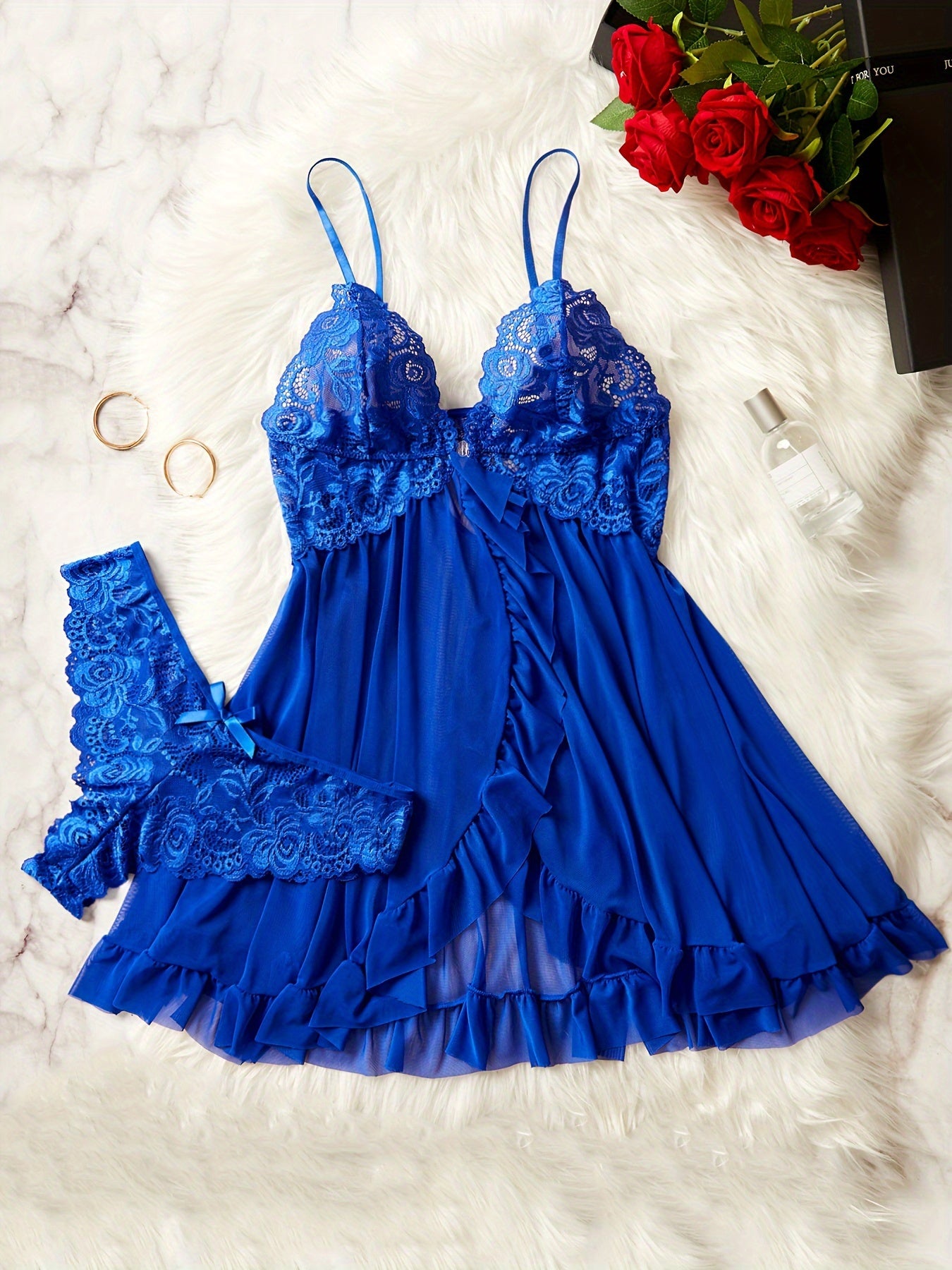 Women's Sheer Lace Nightdress with Deep V-Neck and Spaghetti Straps