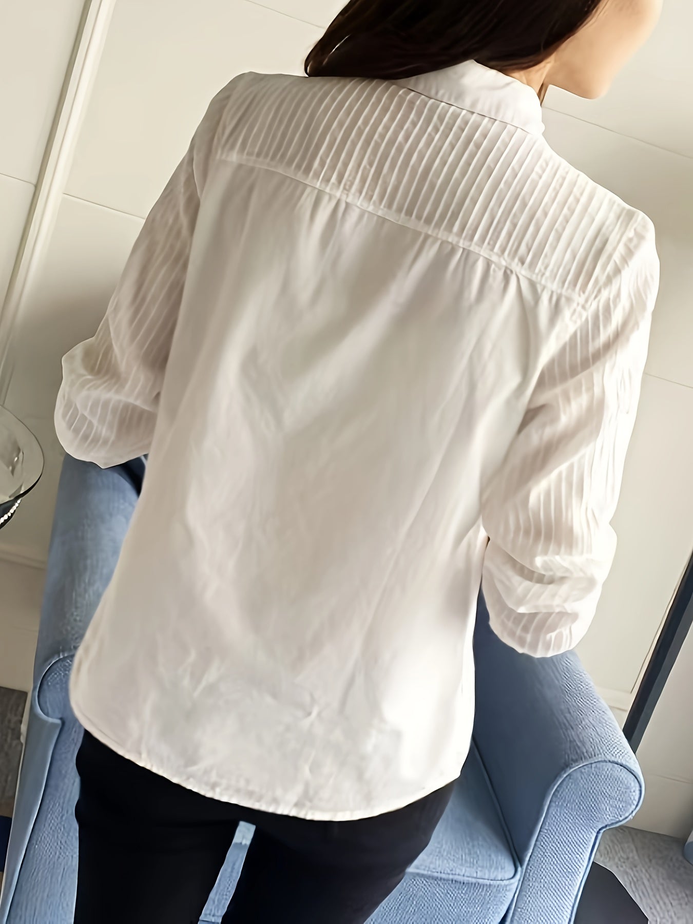 White Women's Solid Color Woven Polyester Shirt with Lapel Collar