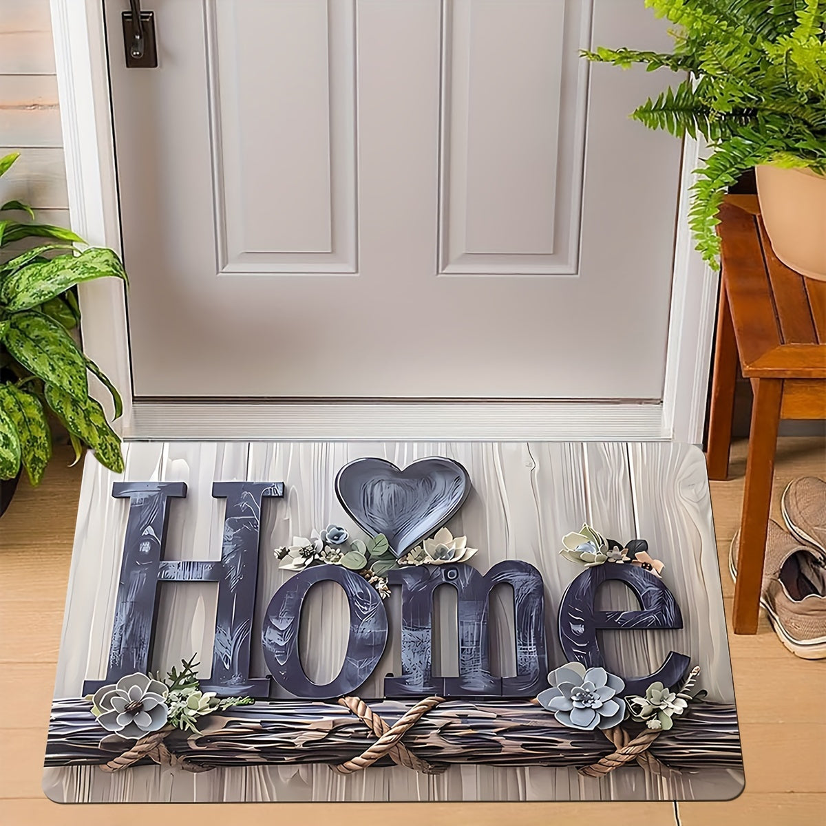 Wooden Welcome Mat with Floral Heart Design, Durable Fast-Drying Polyester Rug for Indoor Outdoor Use