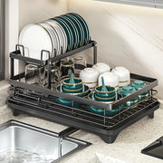 Double Layer Dish Rack with Drainboard and Utensil Holder for Kitchen Countertop Storage