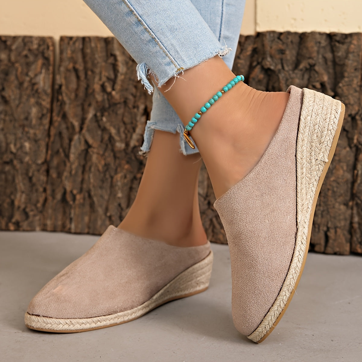 Женские льняные слипоны на среднем каблуке с джутовой подошвой черный бежевый