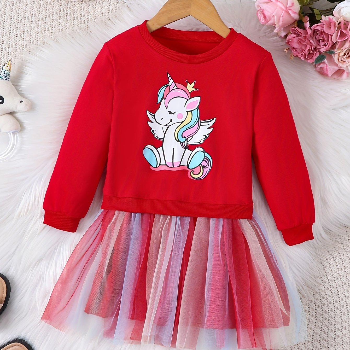 Girls Rainbow Tutu Dress with Unicorn Print Long Sleeve Midi Autumn Spring
