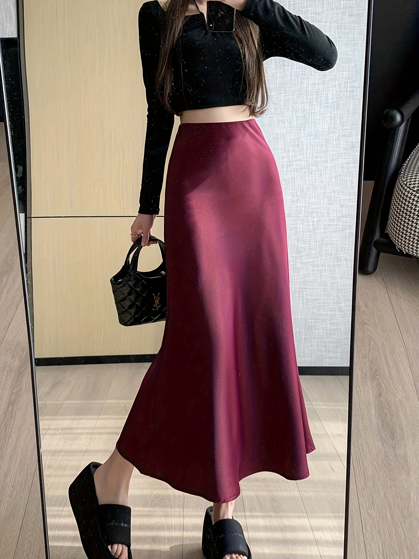 Women's Satin Midi Skirt Fishtail Design Elastic Waist Solid Color Summer