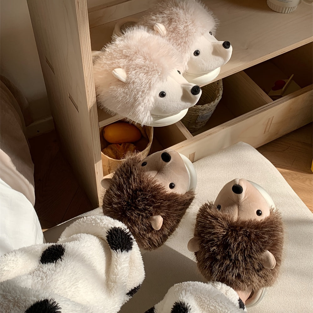 Women's Plush Hedgehog Slip-On Slippers, Soft Fabric Indoor Outdoor