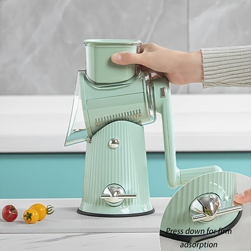 Rallador de queso giratorio con mango, 5 cuchillas, base con ventosa, cortador de verduras