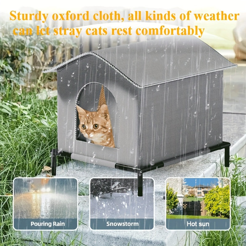 Outdoor Cat House Oxford Cloth Insulated Weatherproof Shelter with Raised Stand and Double-Sided Mat