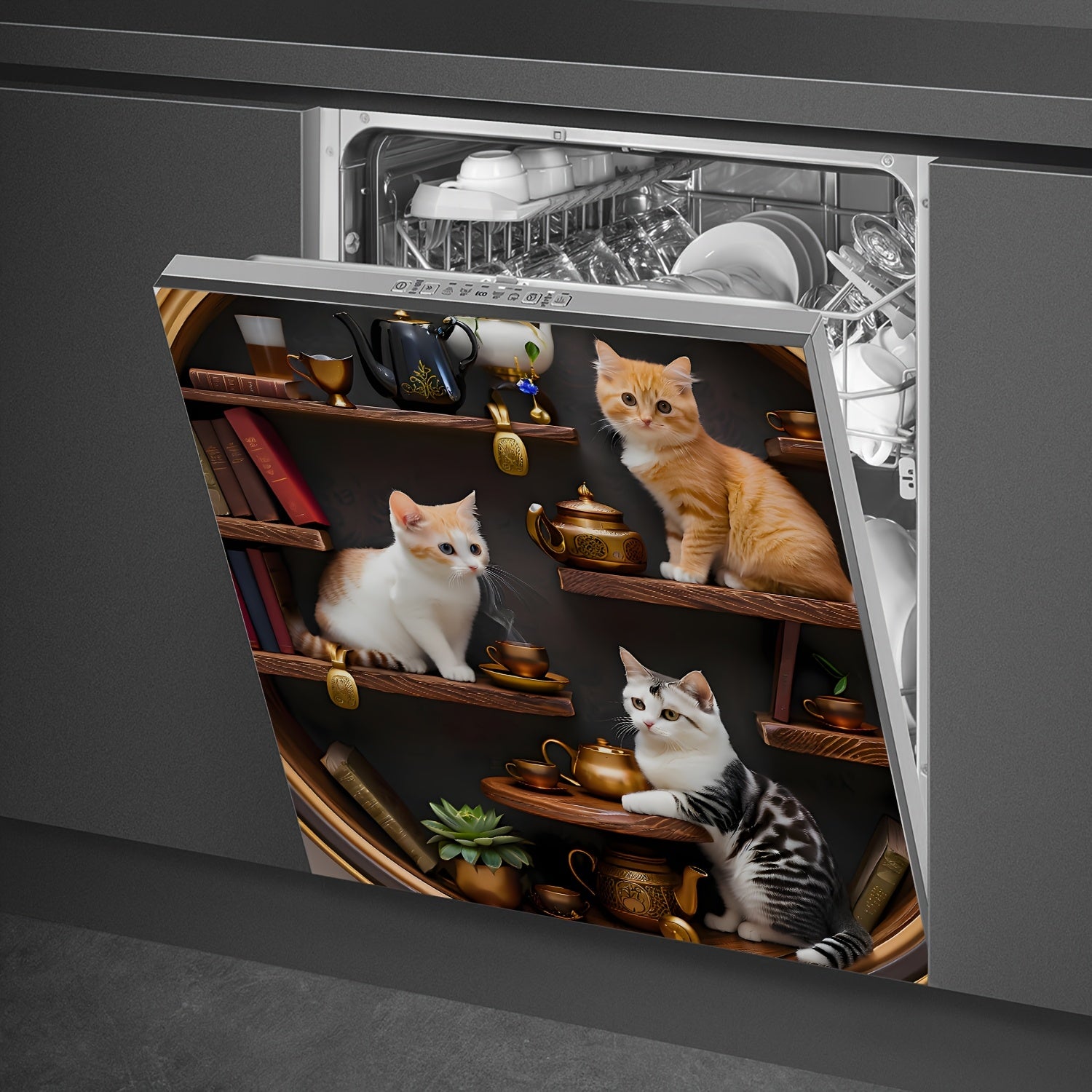 Mushuk mavzusidagi magnitli idishlarni yuvish mashinasining qopqog'i uchun dekali yumshoq vinil stiker, apelsin rangli tabby mushukcha, oshxona dekoratsiyasi