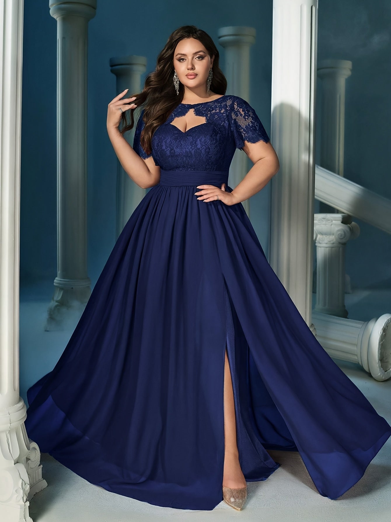 Vestido largo de noche de mujer talla grande con encaje, cintura alta, vestido formal