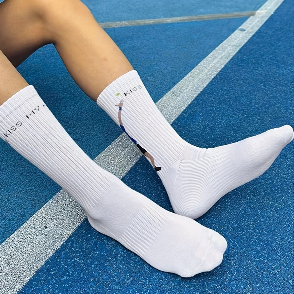 Men's Cotton Blend Sports Socks with Cartoon Print for Football Tennis Fitness Unisex All-Season