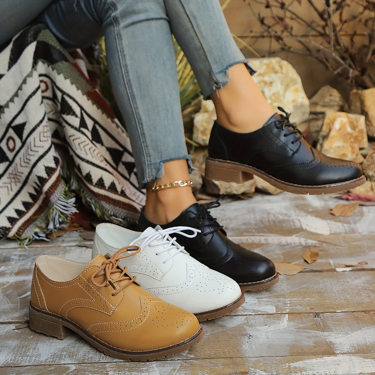 Women’s Perforated Faux Leather Brogue Shoes - Chunky Heel, Classic Lace-Up