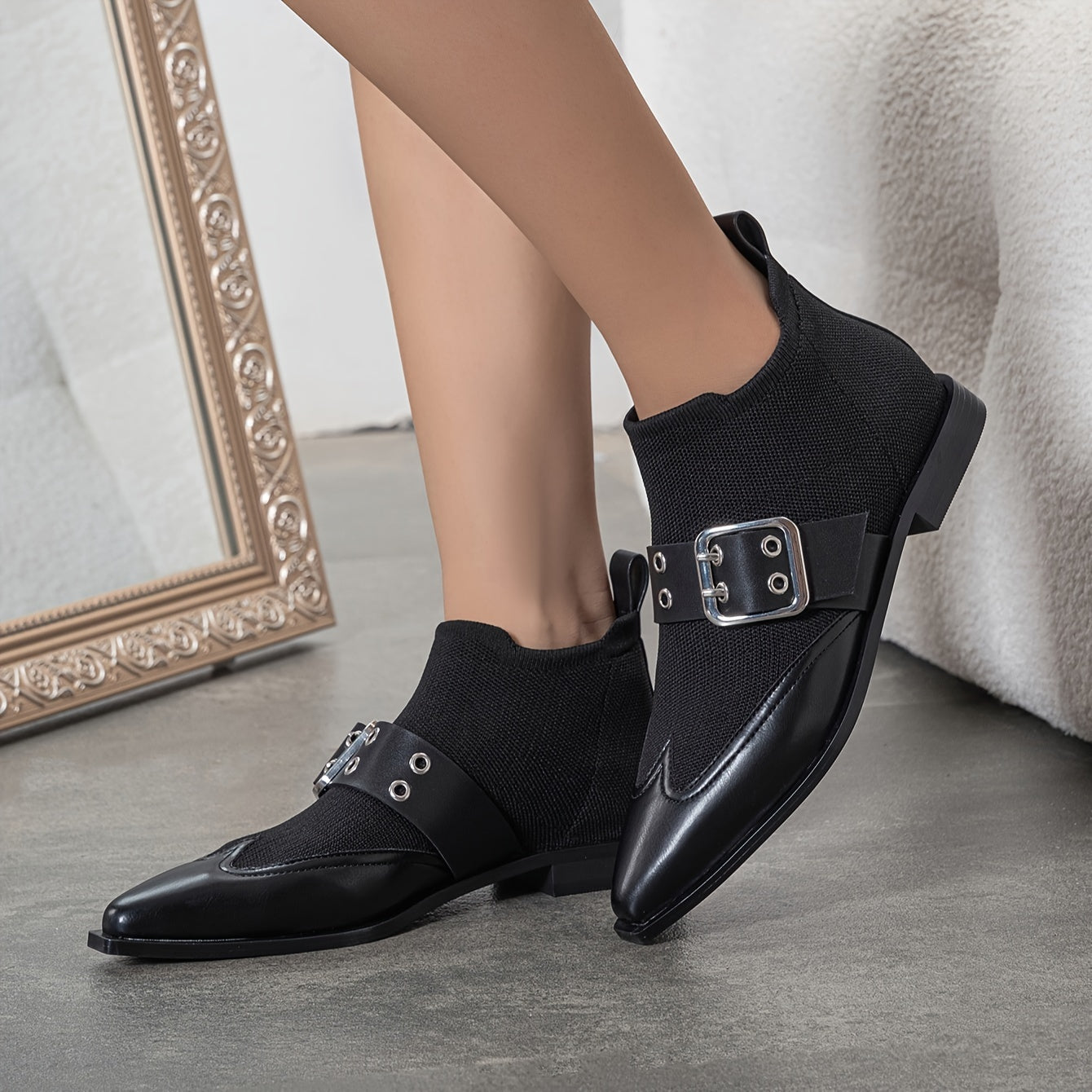 Women's Stretch Slip-On Ankle Booties with Buckle Flat Heel Pointed Toe
