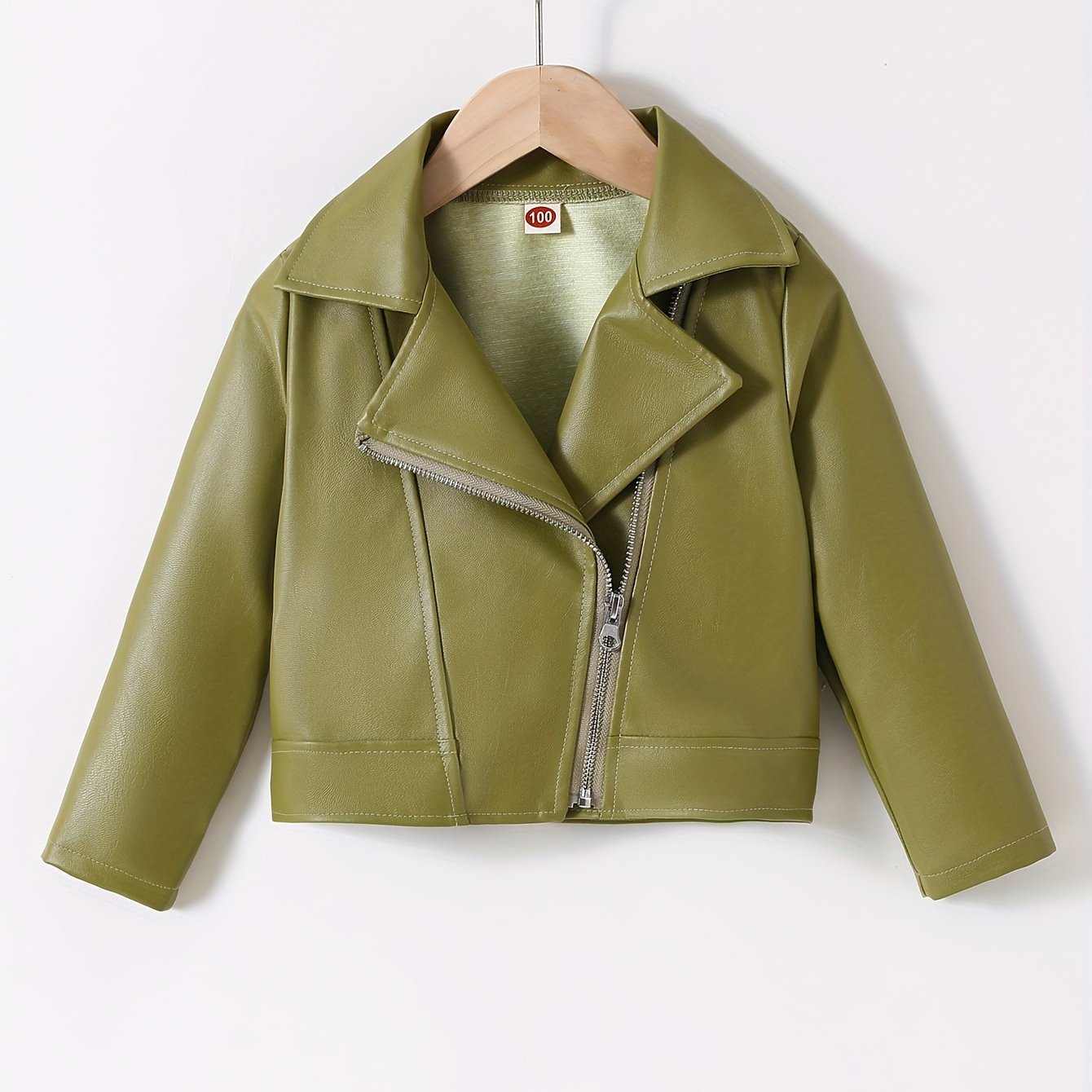 Faux Leather Jacket for Kids with Lapel and Diagonal Zipper Short Length Fall Winter