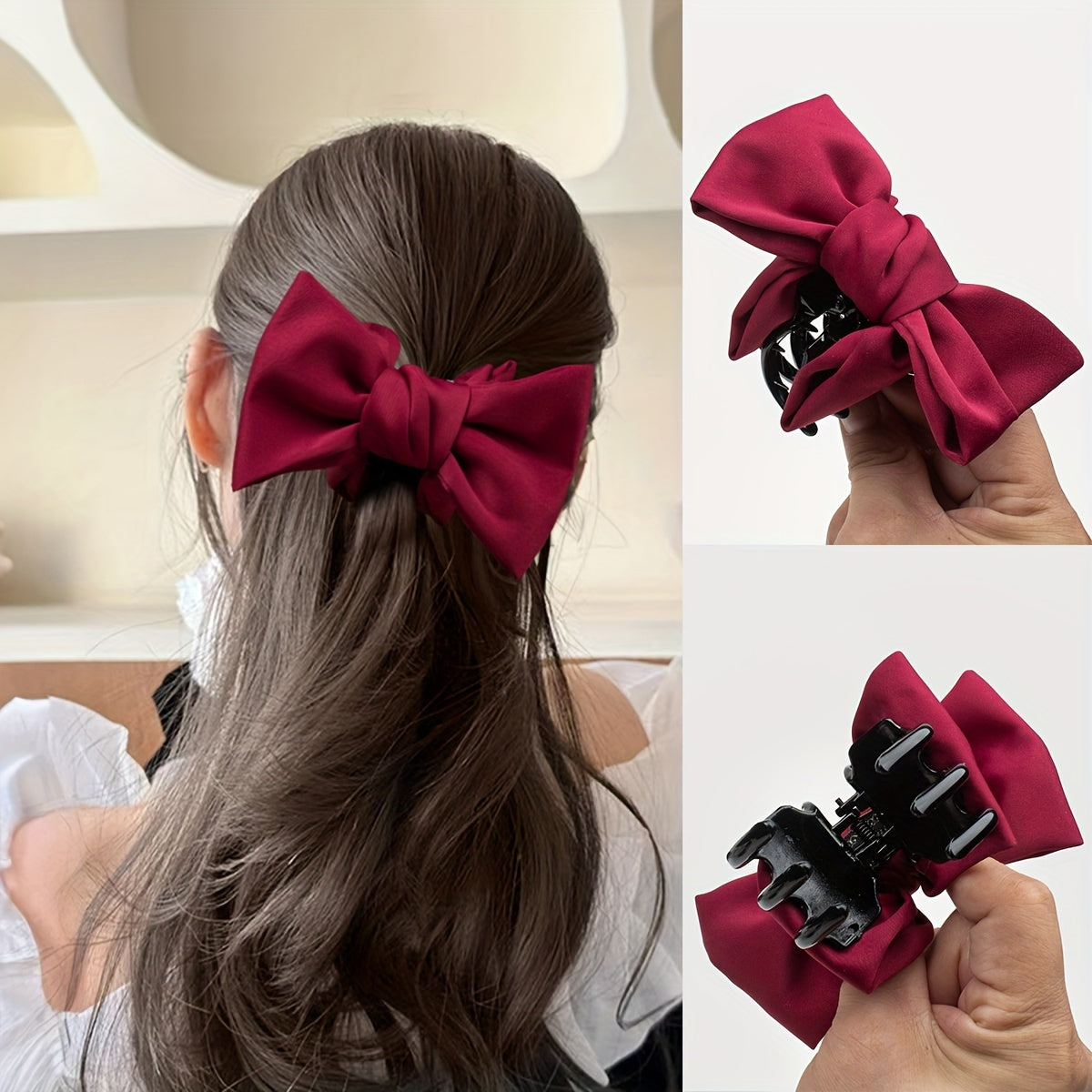 Women's Hair Clip Bowknot Non-Slip Fabric Hair Accessory for Ponytails in Khaki and Black