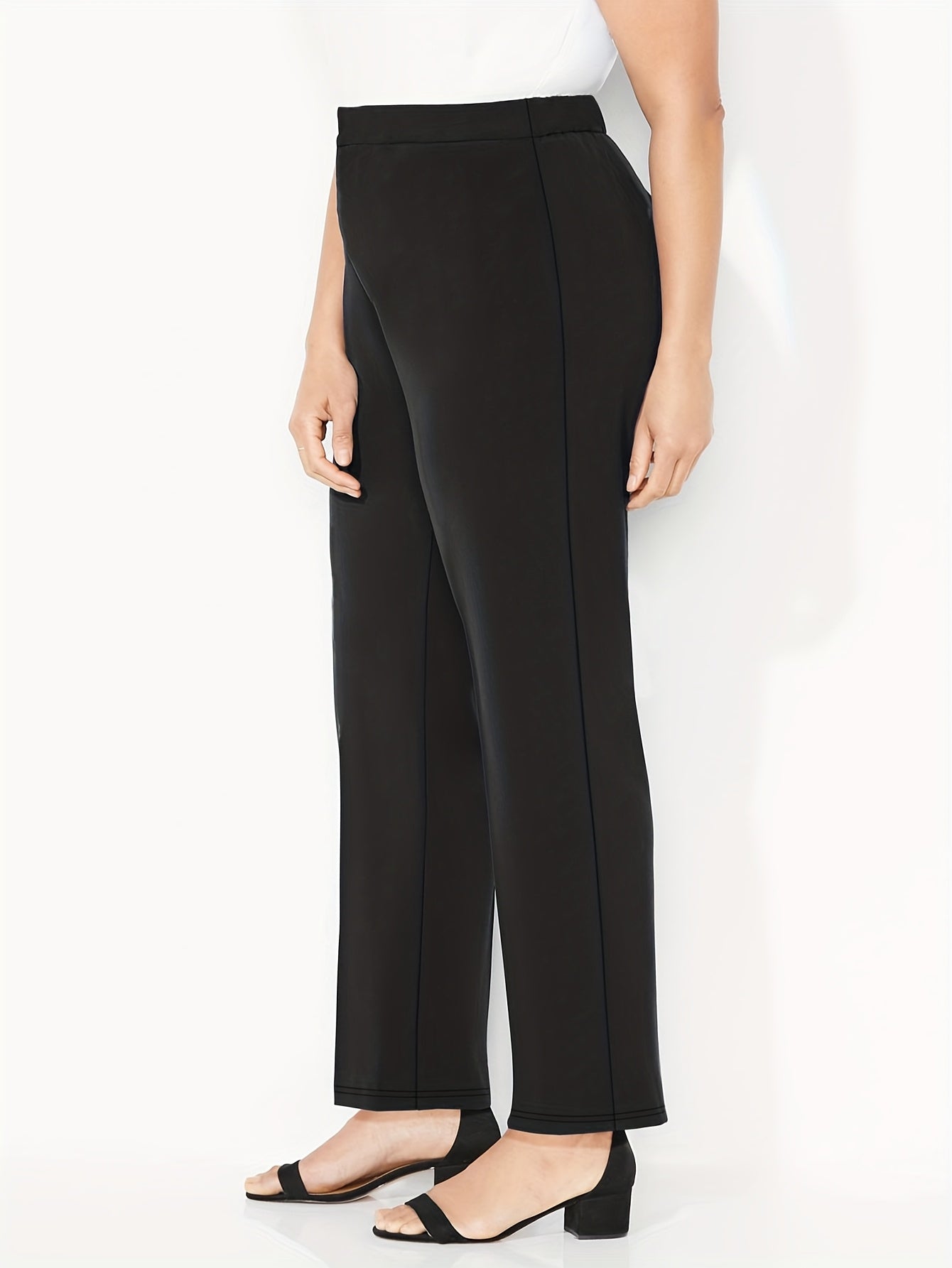 Women's Plus Size Black Stretch Straight Leg Pants Casual Office Trousers