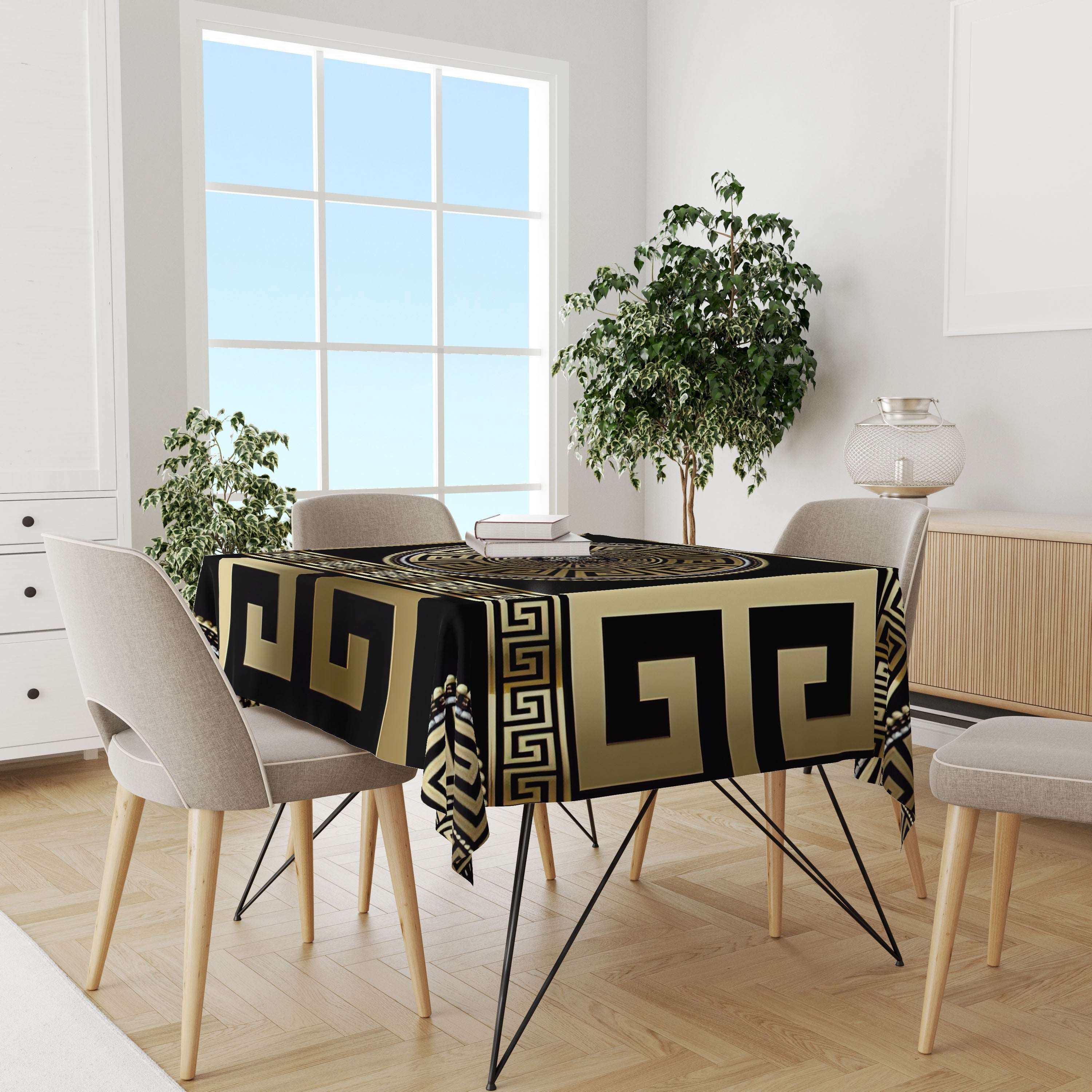 Black and Gold Greek Geometric Rectangle Tablecloth 88.9x139.7cm 139.7x198.12cm