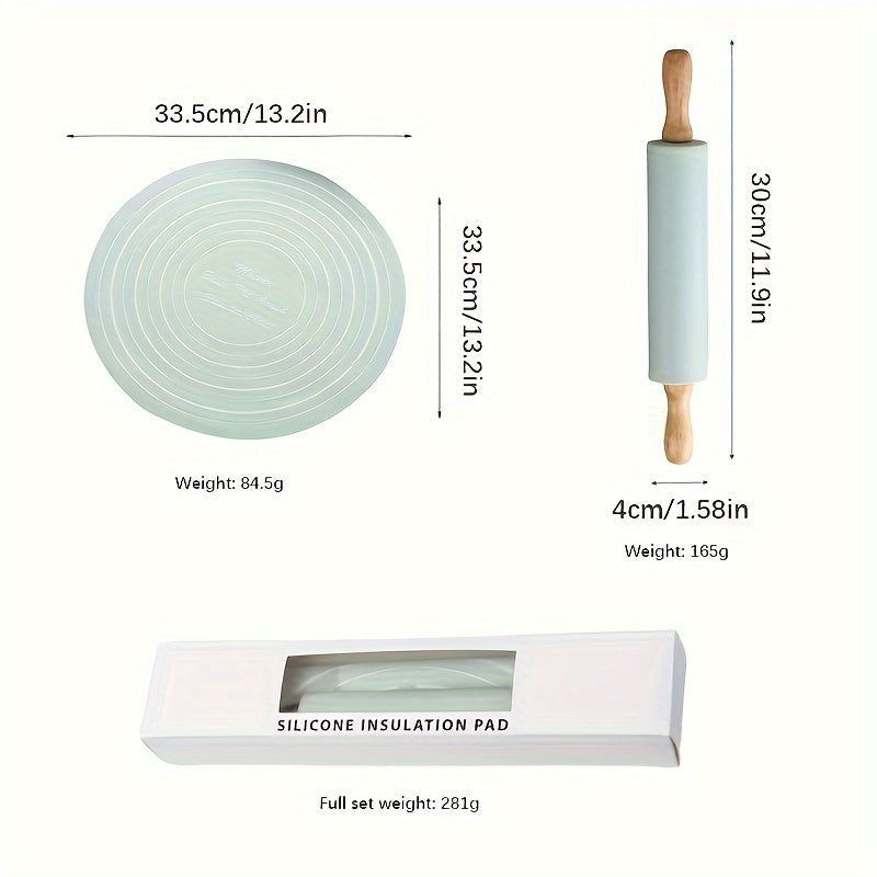 Set of 2 Baking Tools Rolling Pin and Silicone Pastry Mat for Baking